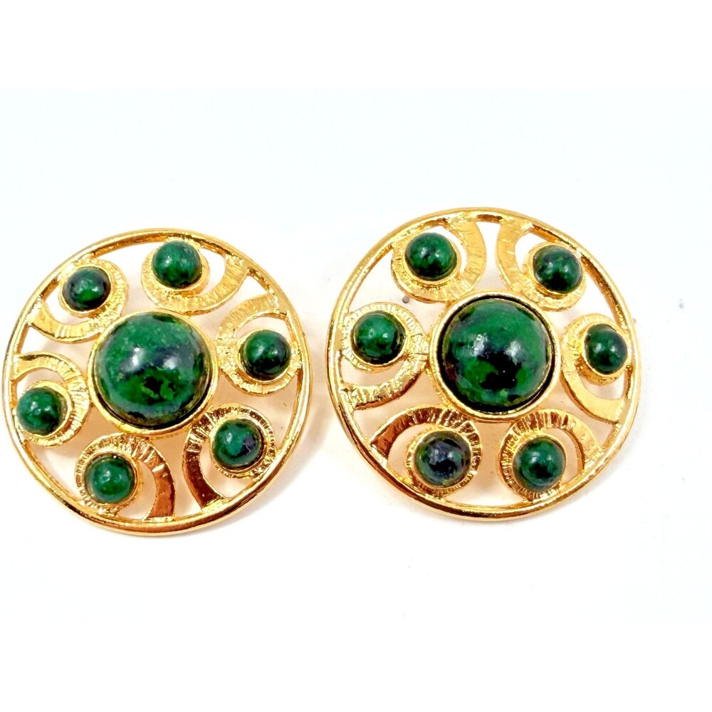Vintage 80s Gold Tone Green Cabochon Statement Earrings Openwork Boho Chic Posts